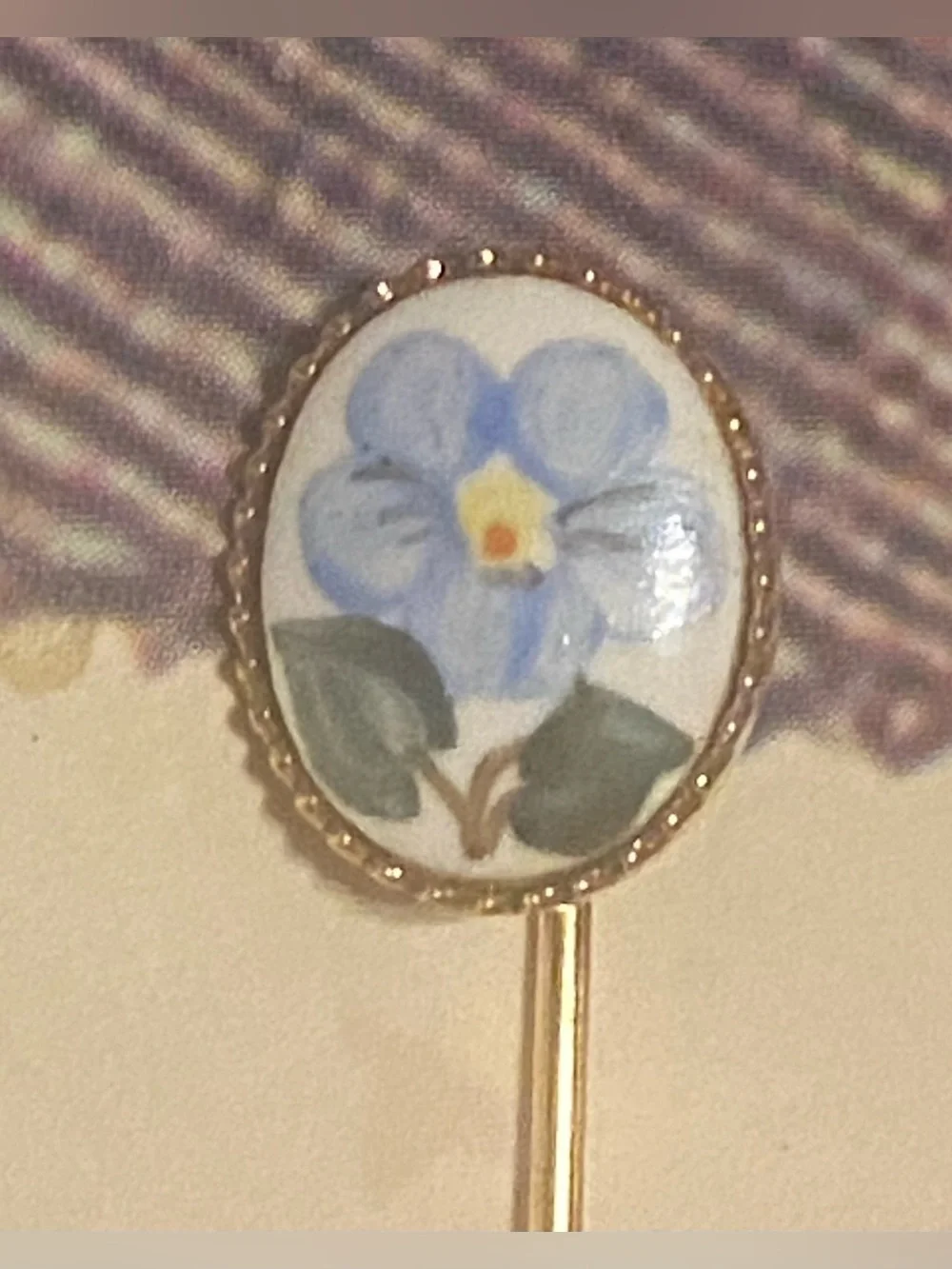 Vintage Porcelain Floral Stick Pin Set • Rose Heart & Forget-Me-Not Gold Tone